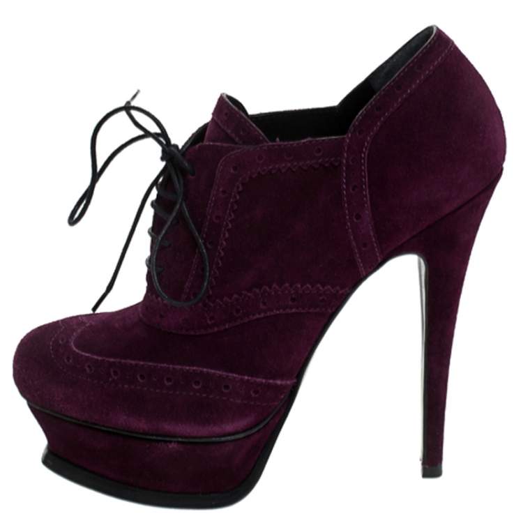Pre Owned Saint Laurent Paris Purple Brogue Suede Janis Platform Booties Size 37