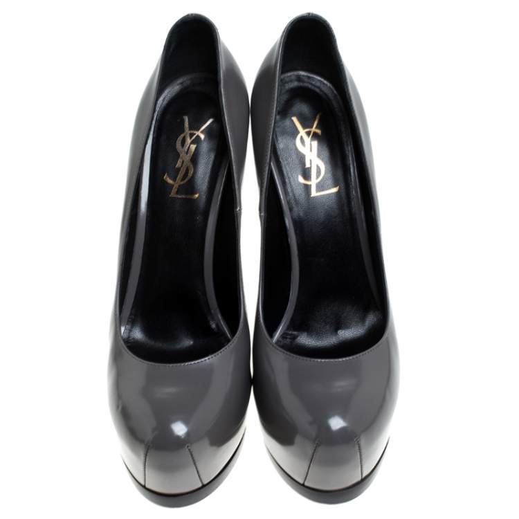 Pre Owned Saint Laurent Paris Grey Patent Leather Tribtoo Platform Pumps Size 37