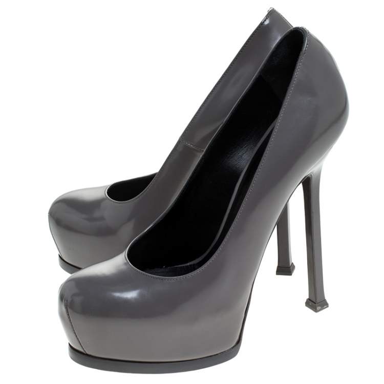 Pre Owned Saint Laurent Paris Grey Patent Leather Tribtoo Platform Pumps Size 37