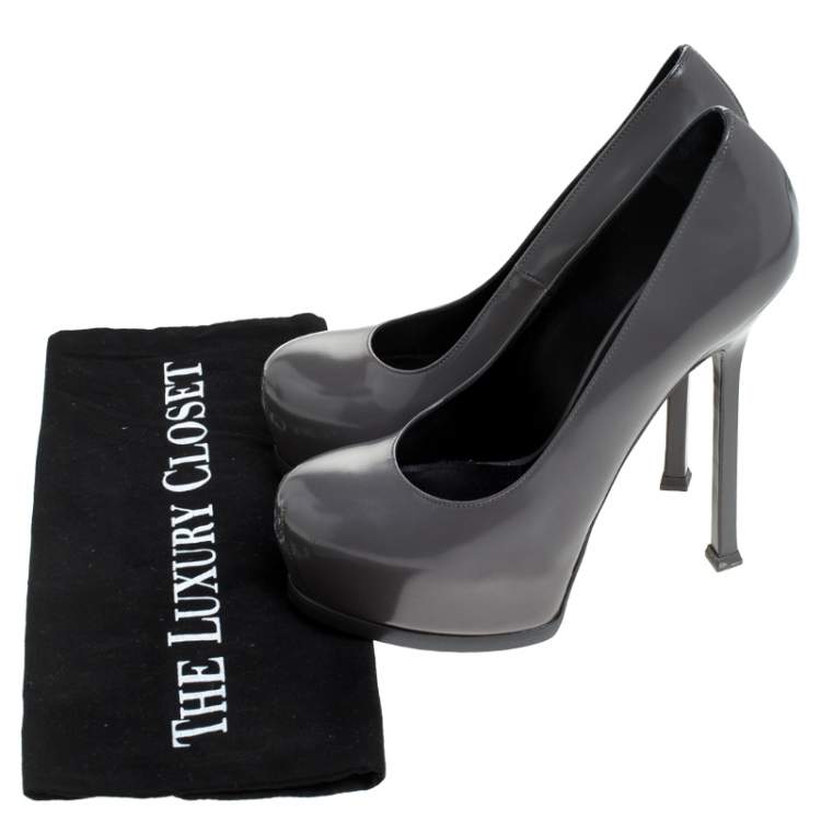 Pre Owned Saint Laurent Paris Grey Patent Leather Tribtoo Platform Pumps Size 37