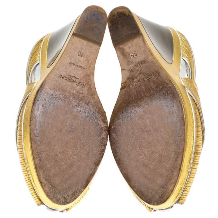 Pre Owned Saint Laurent Paris Metallic Gold Leather Venice Sculpted Wedge Platform Sandals Size 36
