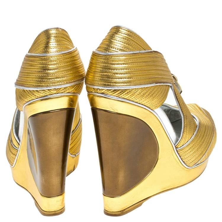 Pre Owned Saint Laurent Paris Metallic Gold Leather Venice Sculpted Wedge Platform Sandals Size 36
