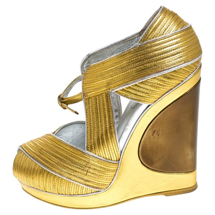 Pre Owned Saint Laurent Paris Metallic Gold Leather Venice Sculpted Wedge Platform Sandals Size 36