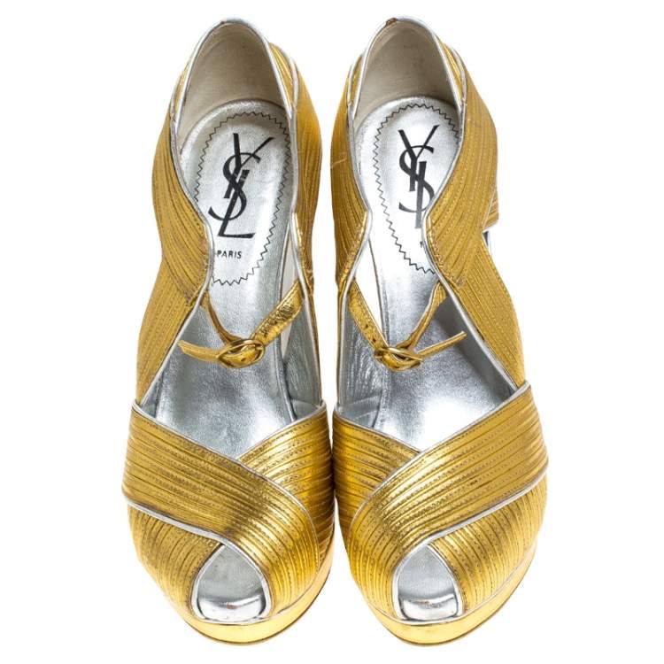 Pre Owned Saint Laurent Paris Metallic Gold Leather Venice Sculpted Wedge Platform Sandals Size 36