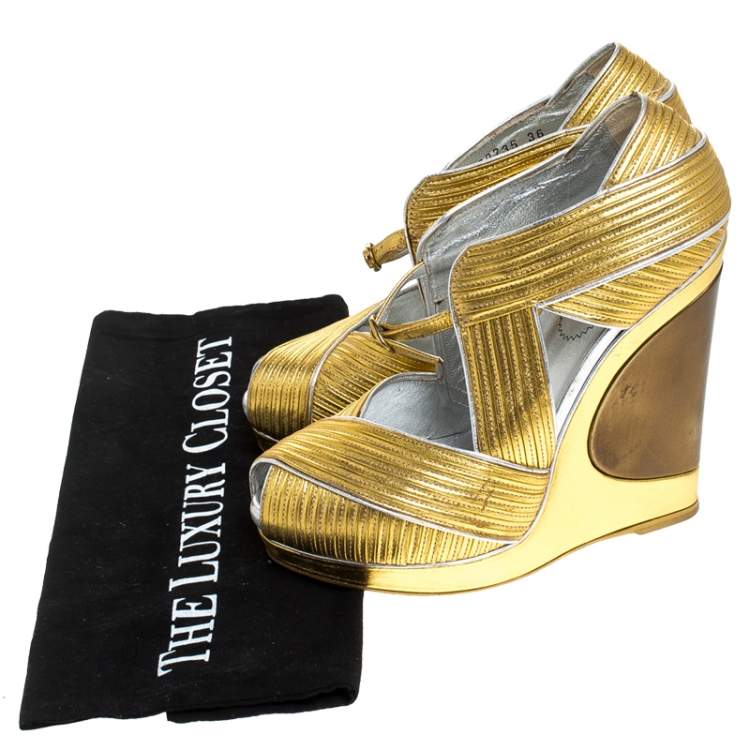Pre Owned Saint Laurent Paris Metallic Gold Leather Venice Sculpted Wedge Platform Sandals Size 36
