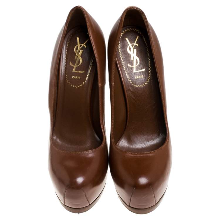 Pre Owned Saint Laurent Paris Brown Leather Tribtoo Platform Pumps Size 36.5