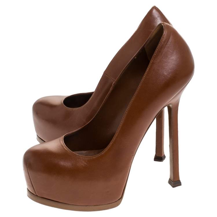 Pre Owned Saint Laurent Paris Brown Leather Tribtoo Platform Pumps Size 36.5