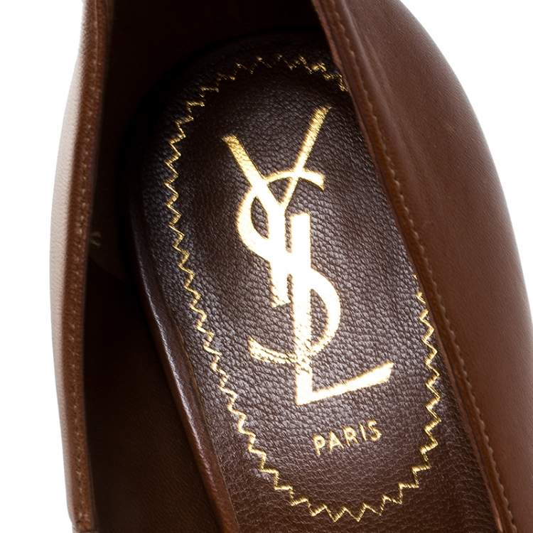 Pre Owned Saint Laurent Paris Brown Leather Tribtoo Platform Pumps Size 36.5