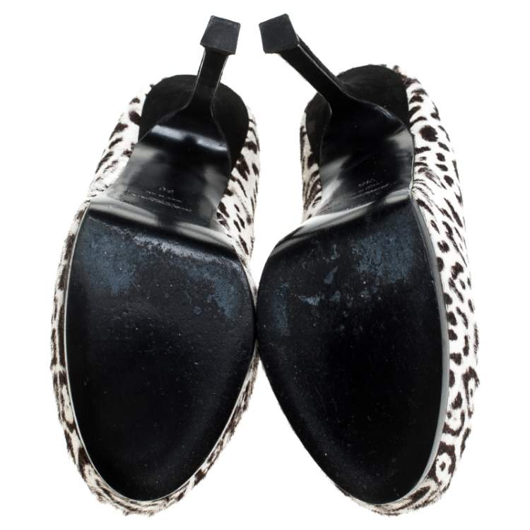 Pre Owned Saint Laurent Paris White Leopard Print Calf Hair Tribtoo Platform Pumps Size 36