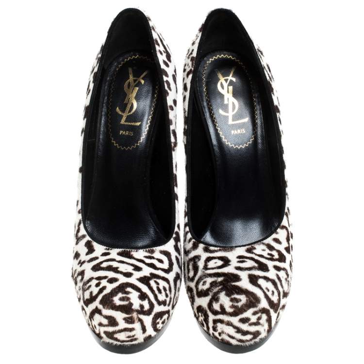 Pre Owned Saint Laurent Paris White Leopard Print Calf Hair Tribtoo Platform Pumps Size 36