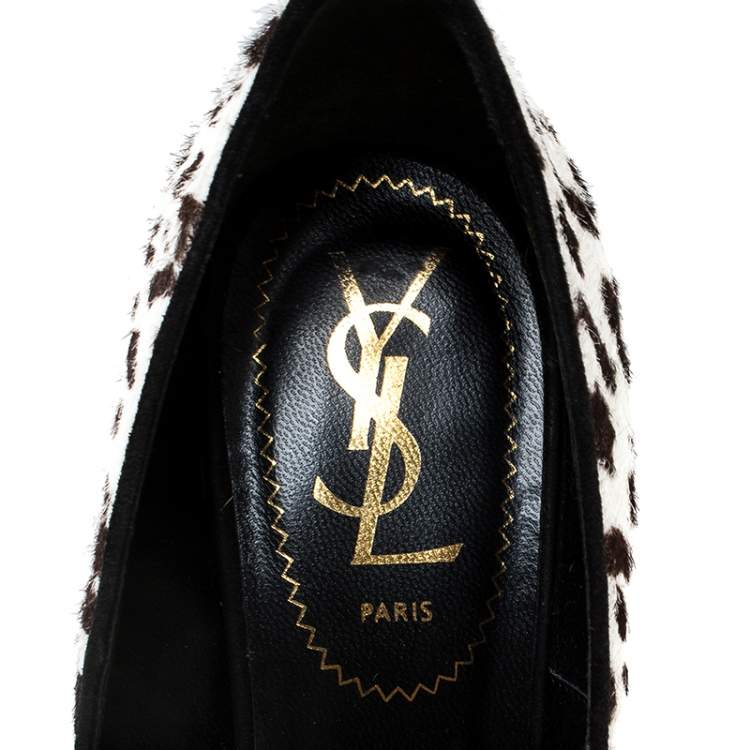 Pre Owned Saint Laurent Paris White Leopard Print Calf Hair Tribtoo Platform Pumps Size 36