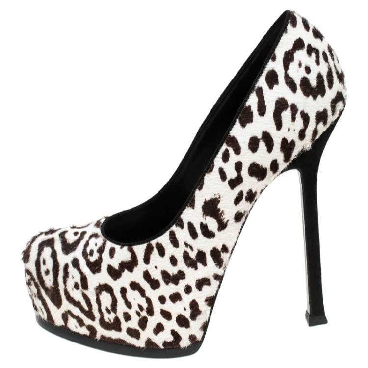Pre Owned Saint Laurent Paris White Leopard Print Calf Hair Tribtoo Platform Pumps Size 36