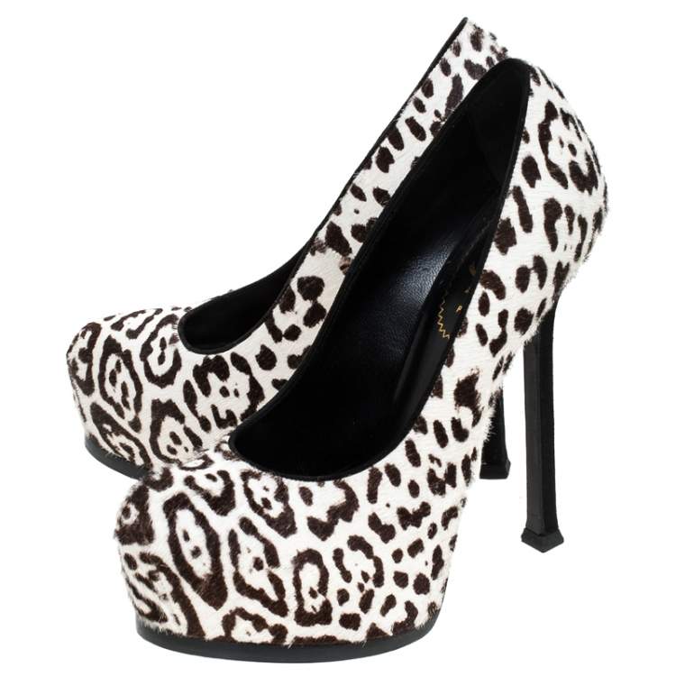 Pre Owned Saint Laurent Paris White Leopard Print Calf Hair Tribtoo Platform Pumps Size 36