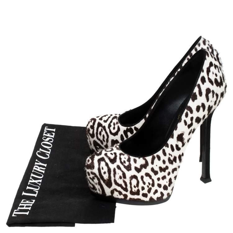 Pre Owned Saint Laurent Paris White Leopard Print Calf Hair Tribtoo Platform Pumps Size 36