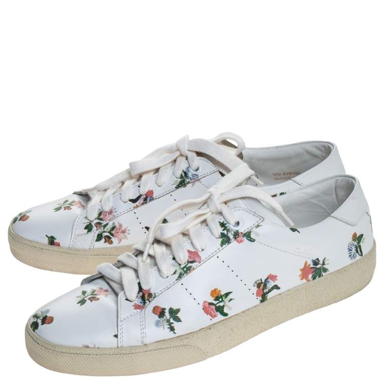 Pre Owned Saint Laurent Paris White Floral Printed Leather Low Top Sneakers Size 38.5