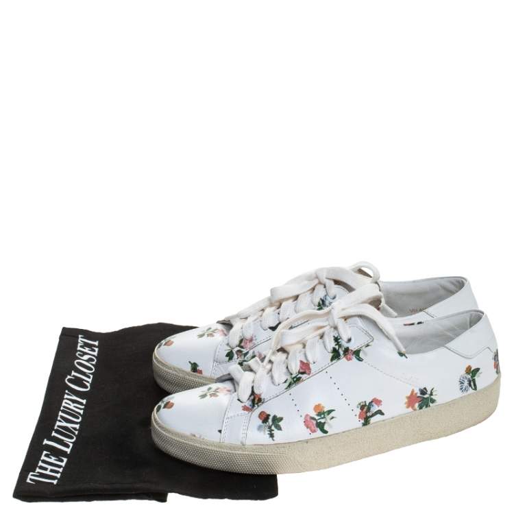 Pre Owned Saint Laurent Paris White Floral Printed Leather Low Top Sneakers Size 38.5