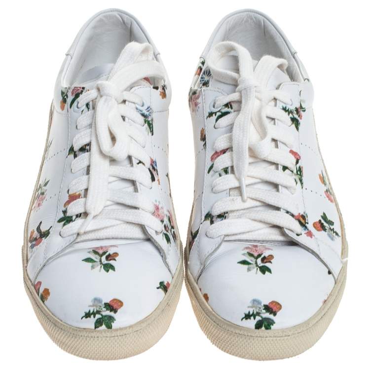 Pre Owned Saint Laurent Paris White Floral Printed Leather Low Top Sneakers Size 38.5