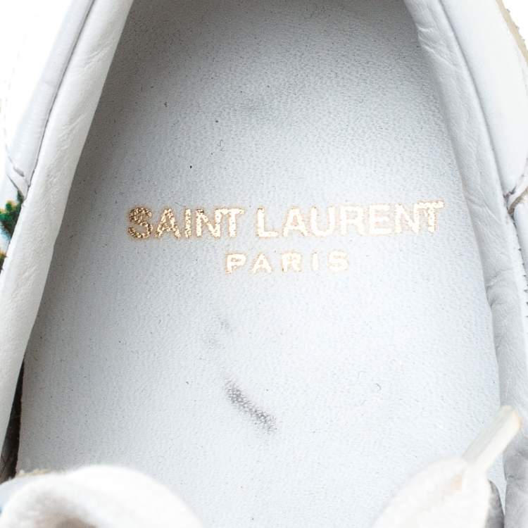 Pre Owned Saint Laurent Paris White Floral Printed Leather Low Top Sneakers Size 38.5