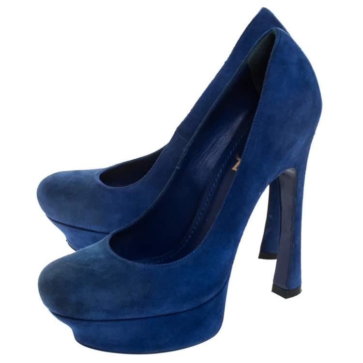 Pre Owned Saint Laurent Paris Blue Suede Palais Platform Pumps Size 38.5