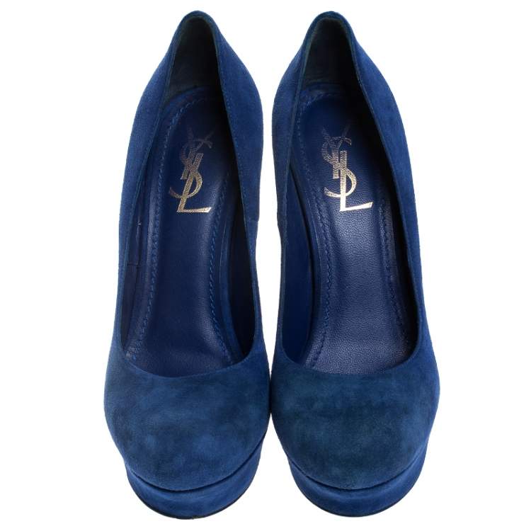 Pre Owned Saint Laurent Paris Blue Suede Palais Platform Pumps Size 38.5