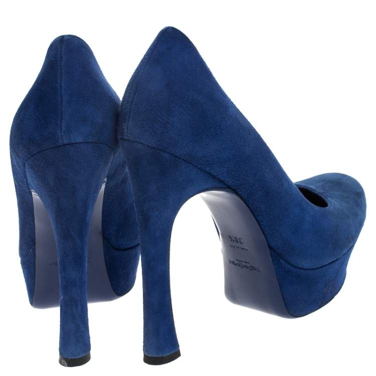 Pre Owned Saint Laurent Paris Blue Suede Palais Platform Pumps Size 38.5