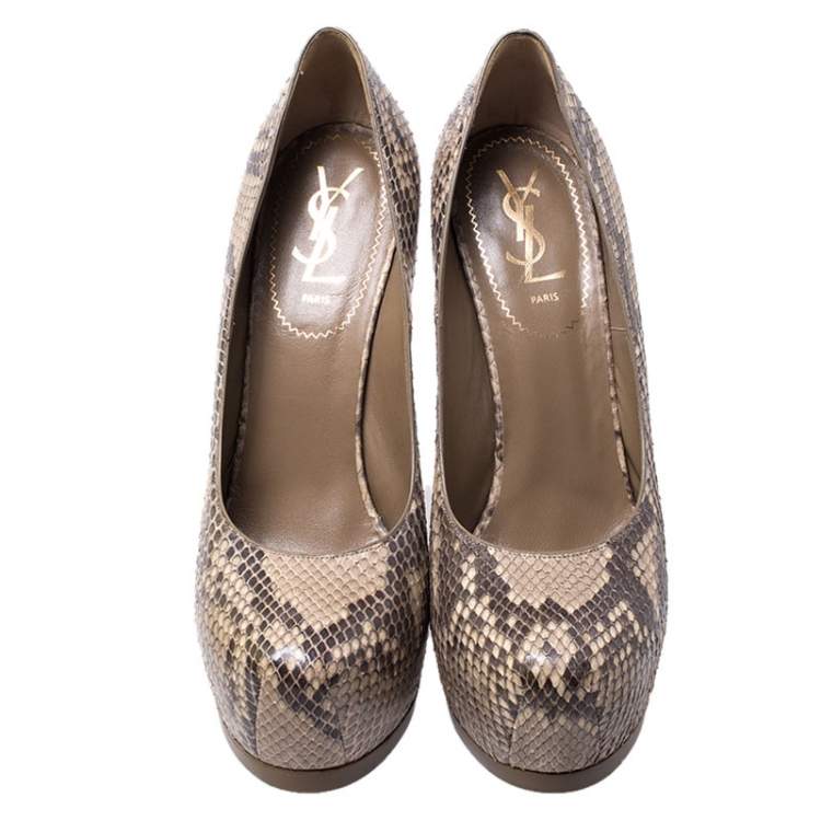 Pre Owned Saint Laurent Paris Beige/Black Python Tribtoo Platform Pumps Size 39.5