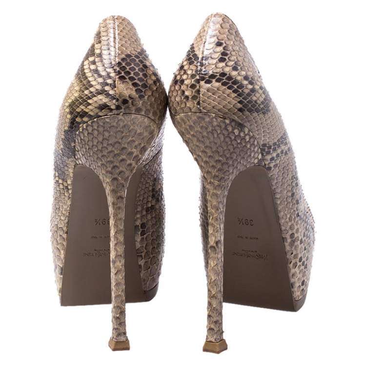 Pre Owned Saint Laurent Paris Beige/Black Python Tribtoo Platform Pumps Size 39.5