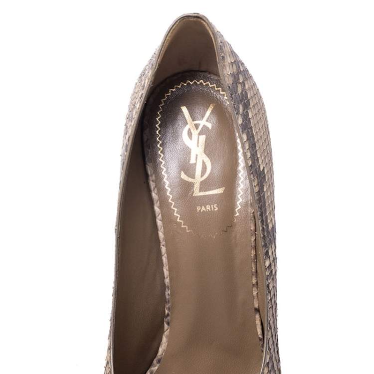 Pre Owned Saint Laurent Paris Beige/Black Python Tribtoo Platform Pumps Size 39.5