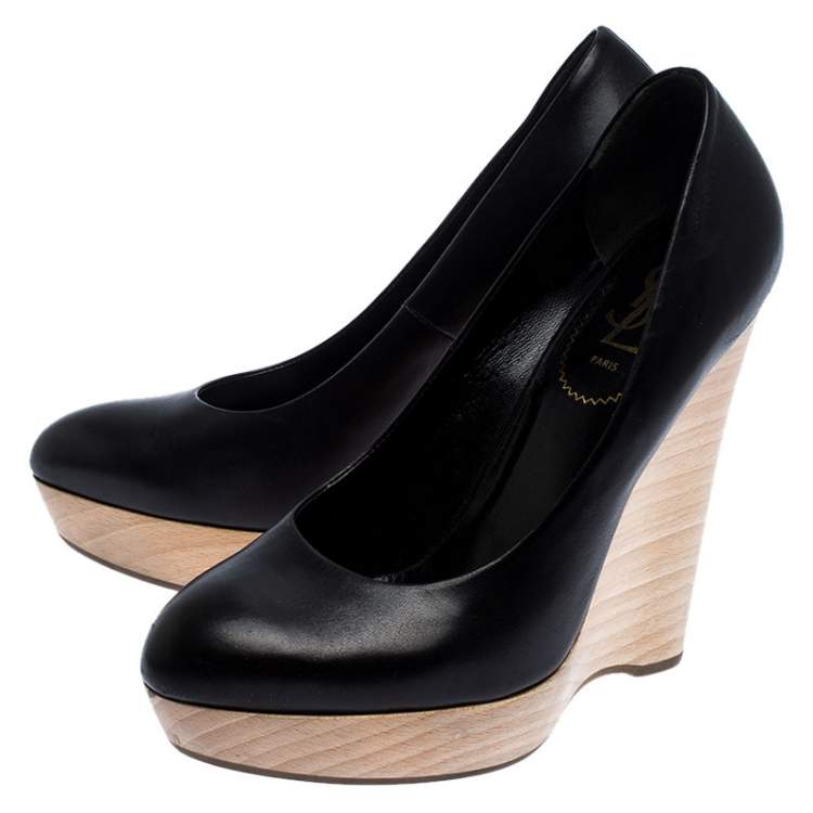 Pre Owned Saint Laurent Paris Black Leather Maryna Wedge Pumps Size 39.5