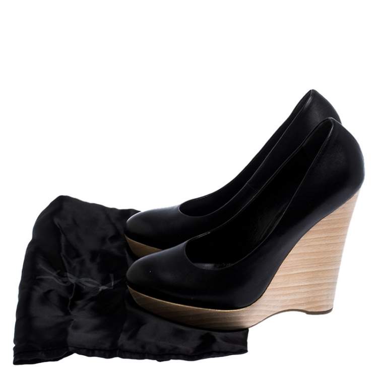 Pre Owned Saint Laurent Paris Black Leather Maryna Wedge Pumps Size 39.5
