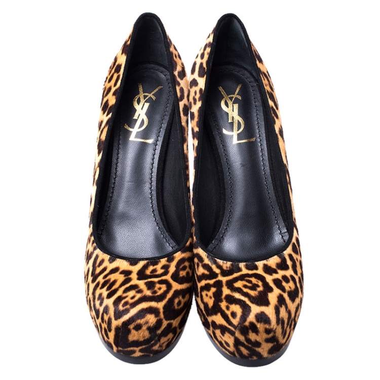Pre Owned Saint Laurent Paris Orange/Brown Leopard Ponyhair Tribtoo Pumps Size 38