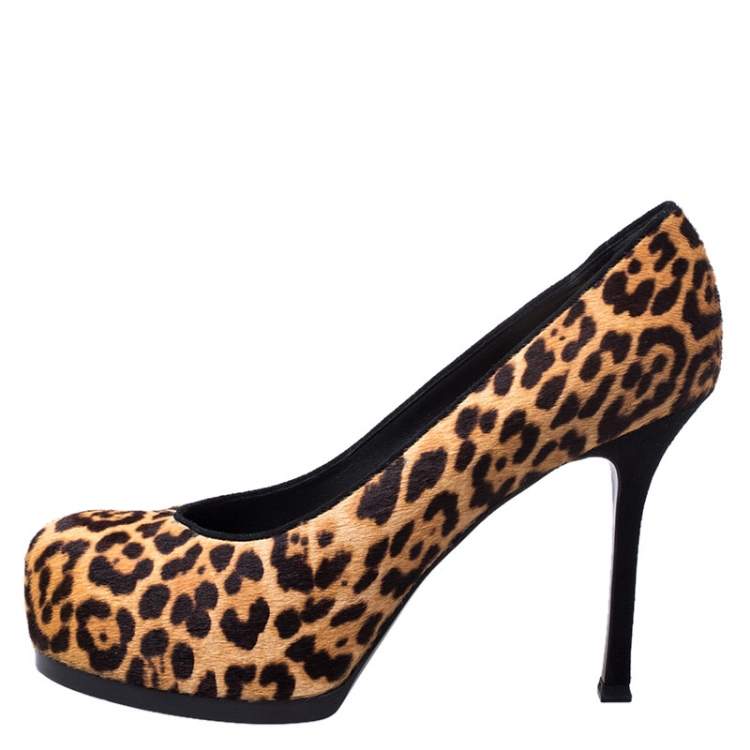 Pre Owned Saint Laurent Paris Orange/Brown Leopard Ponyhair Tribtoo Pumps Size 38