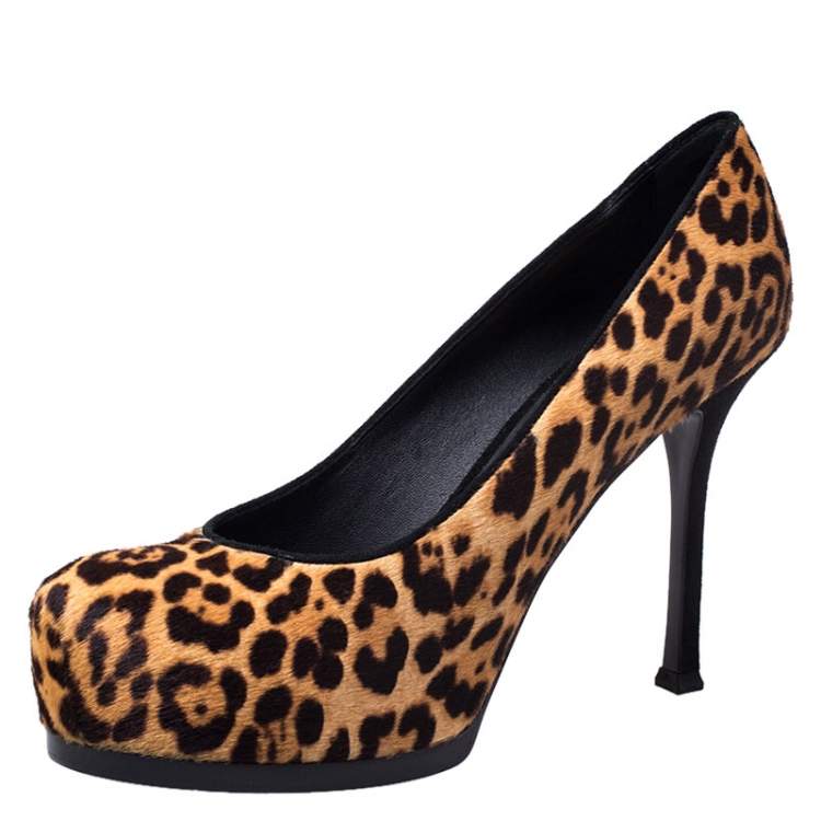Pre Owned Saint Laurent Paris Orange/Brown Leopard Ponyhair Tribtoo Pumps Size 38