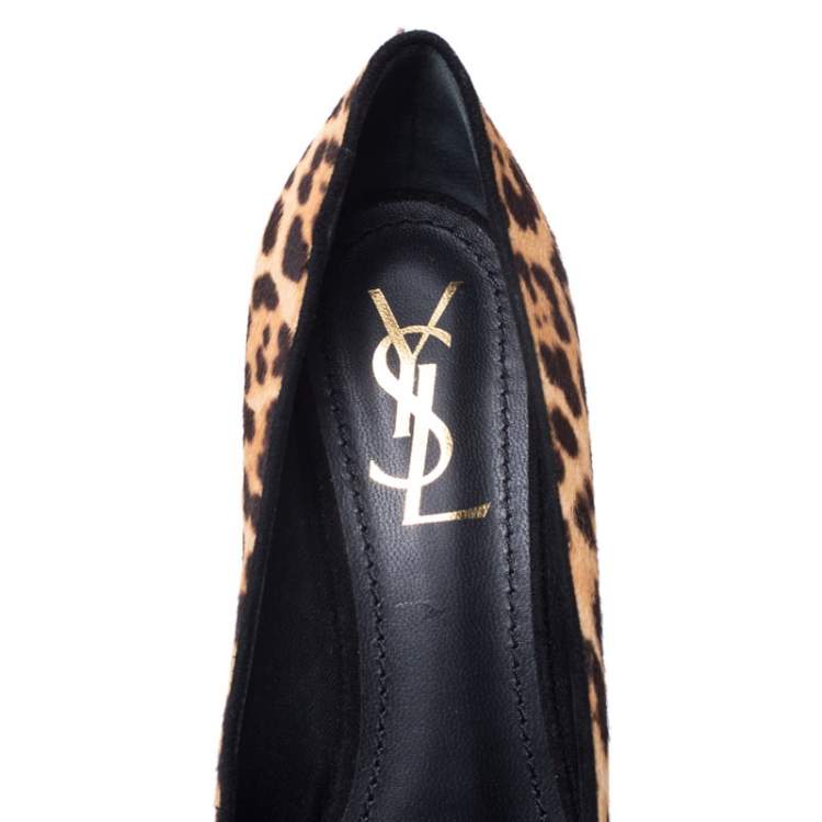 Pre Owned Saint Laurent Paris Orange/Brown Leopard Ponyhair Tribtoo Pumps Size 38