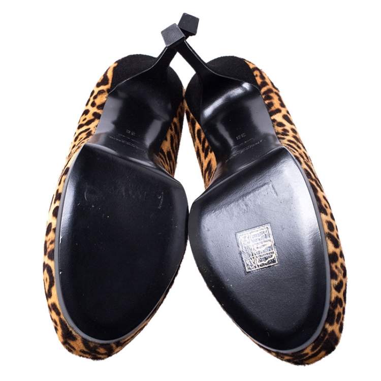 Pre Owned Saint Laurent Paris Orange/Brown Leopard Ponyhair Tribtoo Pumps Size 38