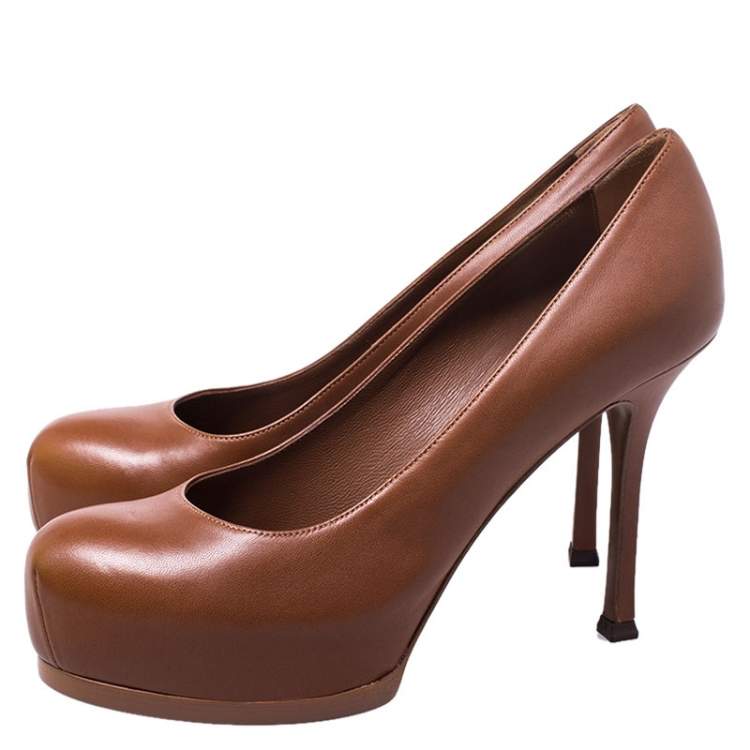Pre Owned Saint Laurent Paris Brown Leather Tribtoo Pumps Size 38