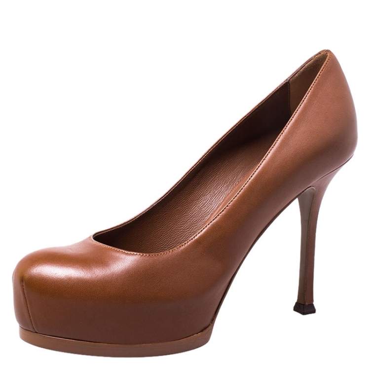 Pre Owned Saint Laurent Paris Brown Leather Tribtoo Pumps Size 38