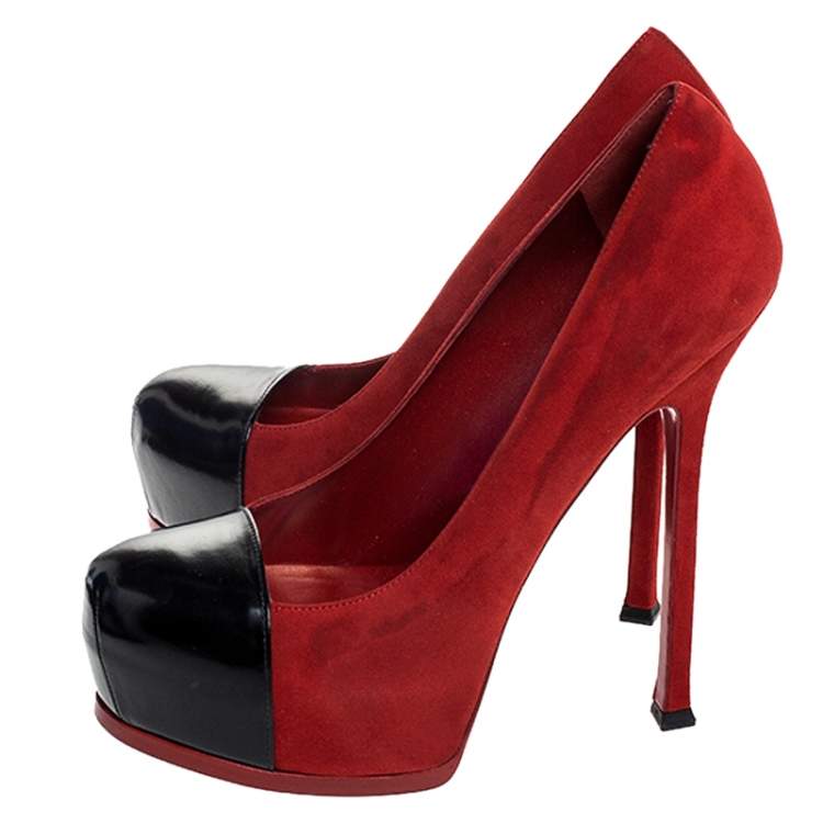 Pre Owned Saint Laurent Paris Red/Black Suede And Leather Tribtoo Platform Pumps Size 39.5