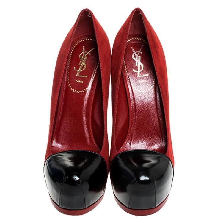 Pre Owned Saint Laurent Paris Red/Black Suede And Leather Tribtoo Platform Pumps Size 39.5