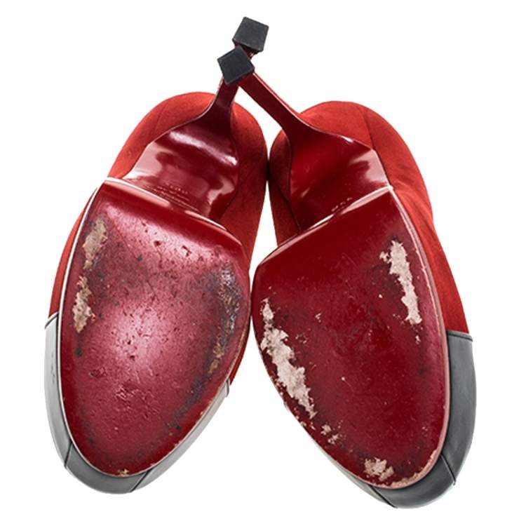 Pre Owned Saint Laurent Paris Red/Black Suede And Leather Tribtoo Platform Pumps Size 39.5