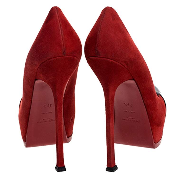 Pre Owned Saint Laurent Paris Red/Black Suede And Leather Tribtoo Platform Pumps Size 39.5