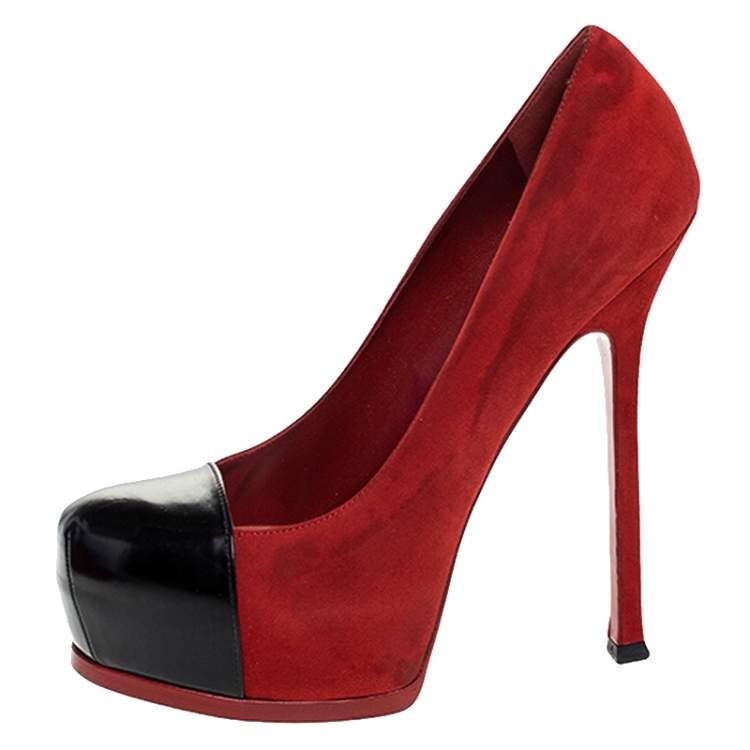 Pre Owned Saint Laurent Paris Red/Black Suede And Leather Tribtoo Platform Pumps Size 39.5