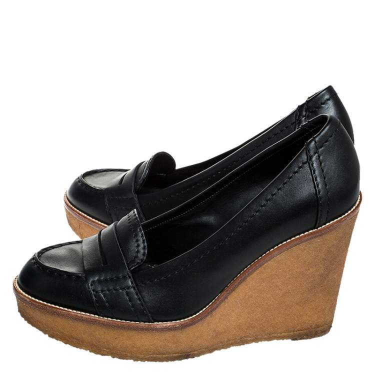 Pre Owned Saint Laurent Paris Black Leather Wedge Platform Loafer Pumps Size 39