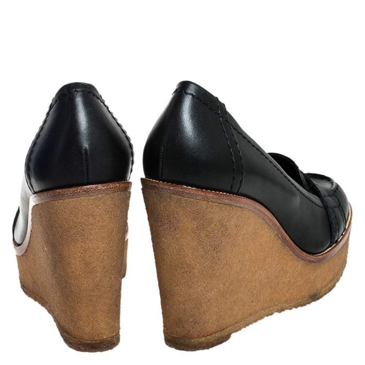 Pre Owned Saint Laurent Paris Black Leather Wedge Platform Loafer Pumps Size 39
