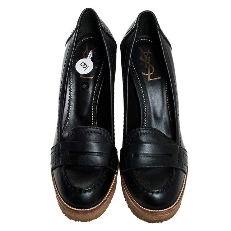 Pre Owned Saint Laurent Paris Black Leather Wedge Platform Loafer Pumps Size 39