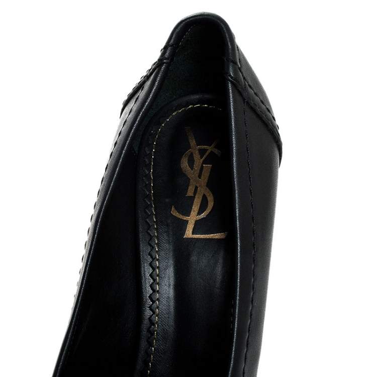 Pre Owned Saint Laurent Paris Black Leather Wedge Platform Loafer Pumps Size 39