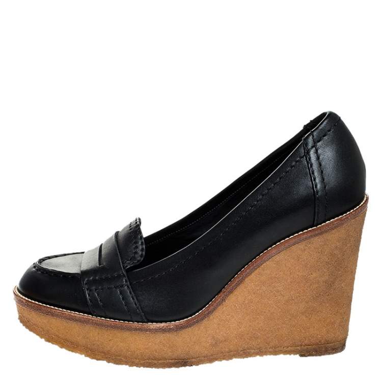 Pre Owned Saint Laurent Paris Black Leather Wedge Platform Loafer Pumps Size 39