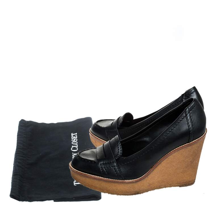 Pre Owned Saint Laurent Paris Black Leather Wedge Platform Loafer Pumps Size 39