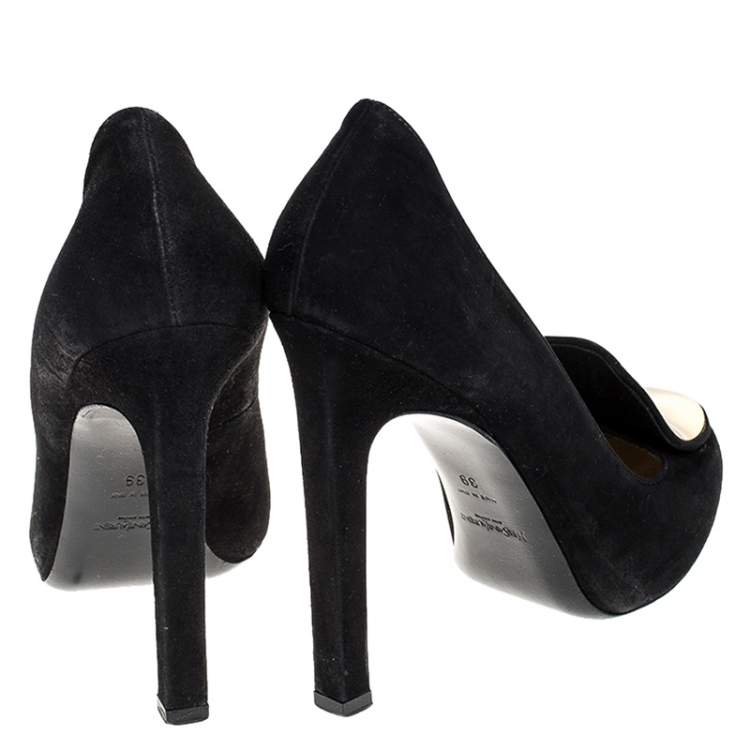 Pre Owned Saint Laurent Paris Black Metal Plaque Suede Catherine Pumps Size 39