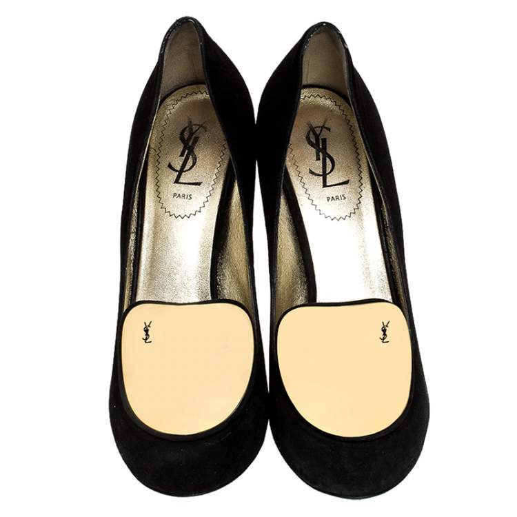 Pre Owned Saint Laurent Paris Black Metal Plaque Suede Catherine Pumps Size 39